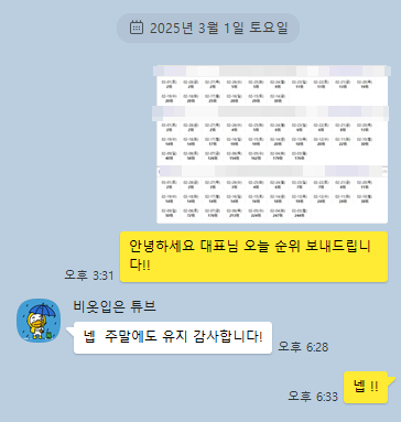순위표를 전달한 실제 화면. 2025.03.01 · 순위 보고 대화. 원본에서 식별정보가 가려진 카카오톡 화면.